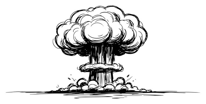 Nuclear explosion mushroom cloud hand drawn in vintage ink style