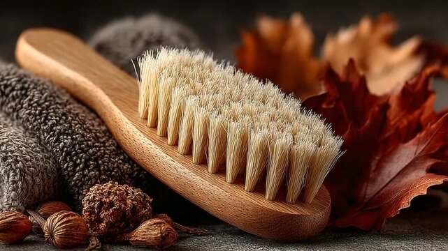 Wooden brush surrounded by autumn leaves and nuts on fabric