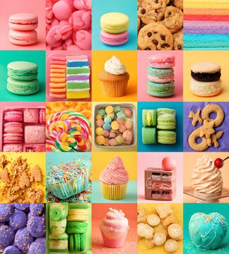 Colorful dessert collage with macarons, donuts and candy background