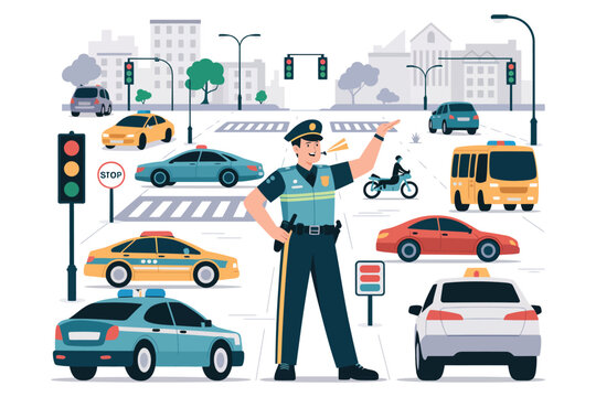 Traffic police officer directing vehicles at busy city intersection with cars bus motorcycle taxi stop signs and traffic lights in urban area