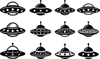 Alien spaceship UFO icon set featuring various flying saucer designs in black and white vector style. © Masud