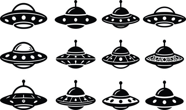 Alien spaceship UFO icon set featuring various flying saucer designs in black and white vector style.