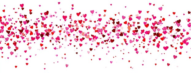 Fototapeta premium Scattered array of heart shapes in various pink and red shades against a white background