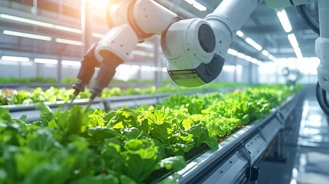 Robotic arm precisely cultivates rows of lettuce in a modern greenhouse.