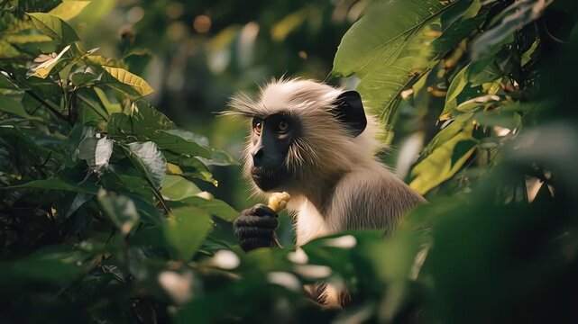 Grey Langur Monkey Eating Fruit in Dense Tropical Jungle Sunlight