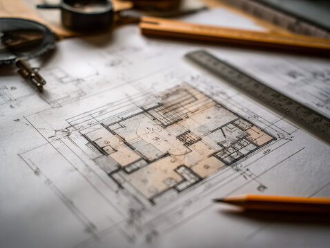 Architectural blueprint layout with drafting tools and pencil on desk symbolizing building planning and design process in construction projects