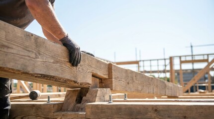 A construction worker in gloves carefully positions a large timber beam onto a wooden frame at an outdoor building site