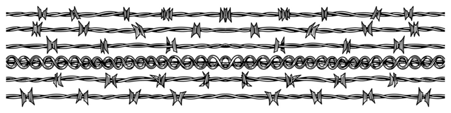 Horizontal rows of barbed wire fence security barrier