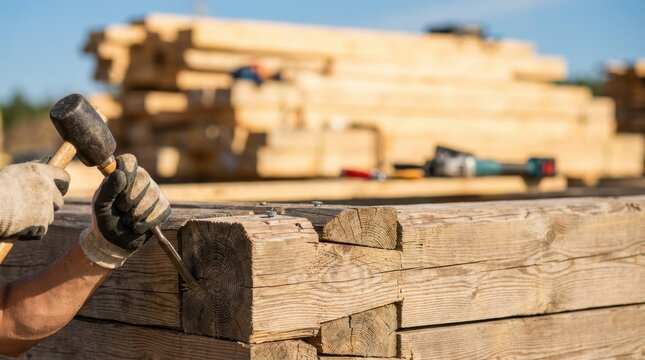 Close up of a worker's gloved hands shaping a wooden log with a hammer and chisel on a bright sunny day