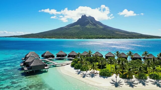 Exploring a tropical island with clear water, mountain views, and beachside bungalows in Bora Bora during daylight hours