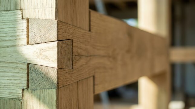 Close up of a strong precisely crafted wooden timber joint showing intricate details and natural wood grain
