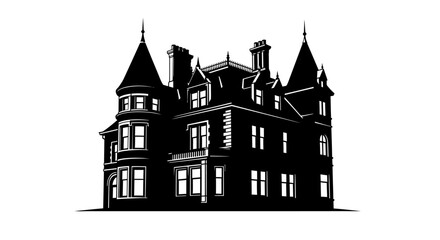 Obraz premium Historic Gothic Style European Mansion Castle Vector Illustration with Tall Towers Decorative Rooflines Classic Architecture Silhouette Detailed Facade Symmetry Vintage Heritage Building Exterior Isol