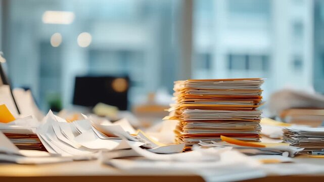 Towering Stack of Papers on a Messy Office Desk Workflow Stress