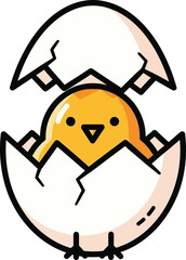 Obraz premium Yellow chick with bright eyes and a small beak joyfully hatches from its cracked white eggshell, symbolizing new beginnings and the arrival of spring.