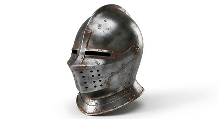 Medieval knight helmet with rusty metal texture isolated on white background With shadow. AI GENERATED.
