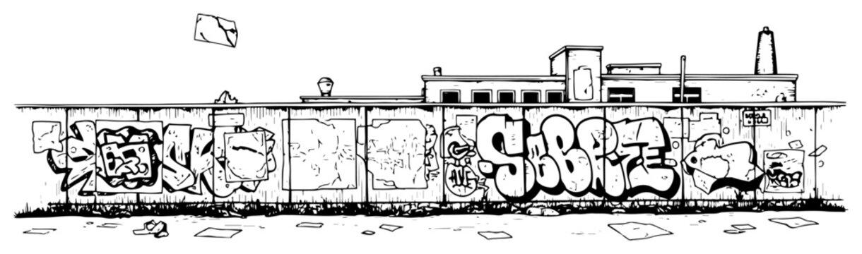 Urban concrete wall covered in graffiti art with city factory background