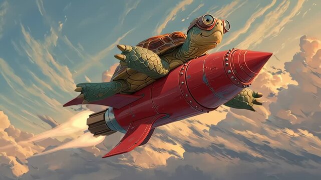 Turtle Rides Rocket in Sky Fast Speed Adventure