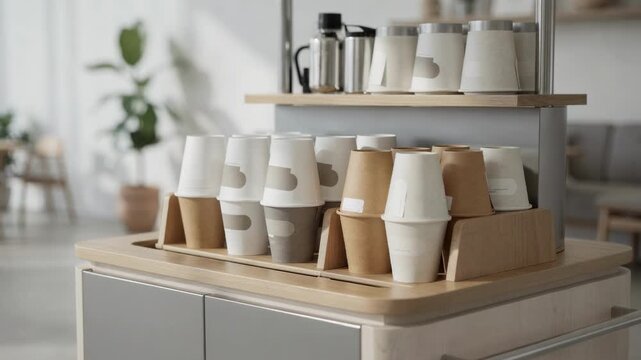 Selfserve modern cart with ecofriendly cups and personalized labels main focus on the streamlined setup background elements like room decor purposely blurred.
