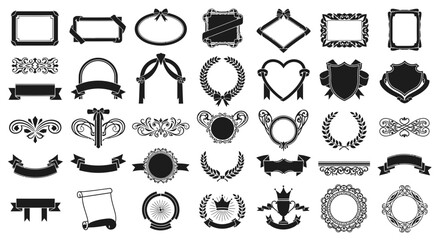 Collection of ornate black frame and border design elements for graphic design projects on white background