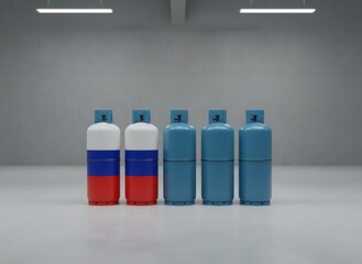 Five gas cylinders in modern industrial setting with Russian flag colors