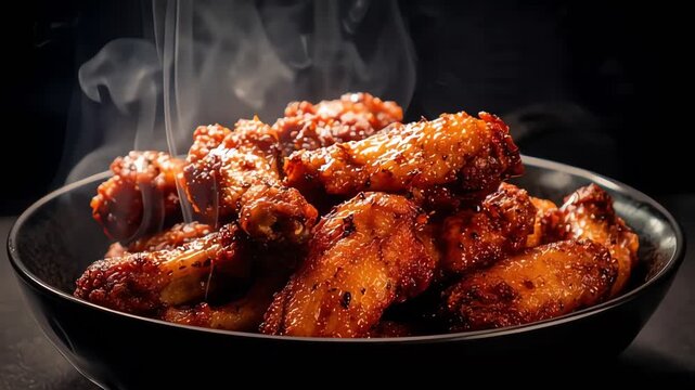 Close Up Steaming Hot Chicken Wings in Black Bowl Dark Background