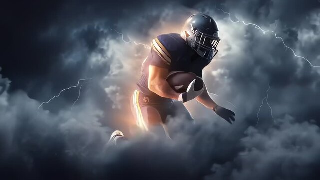 Football Player Running In Dramatic Stormy Environment With Lightning Strike