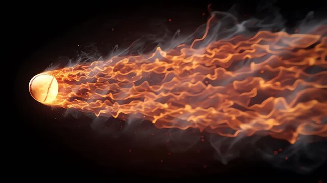 Burning Baseball Flying Fast Against Black Background