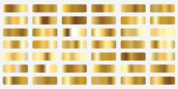 Collection of various golden metallic gradient swatches showcasing different shades and luxurious textures