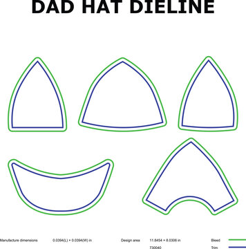 A technical drawing of a dad hat dieline template with measurements