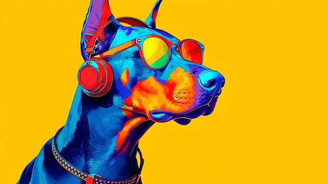 Pop Art Doberman Dog Wearing Sunglasses and Headphones Vibrant Colors