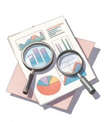 Watercolor illustration of financial reports examined with magnifying glasses on a stack