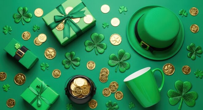 St. patrick's day celebration with gifts, coins, and a hat, st. patrick's day