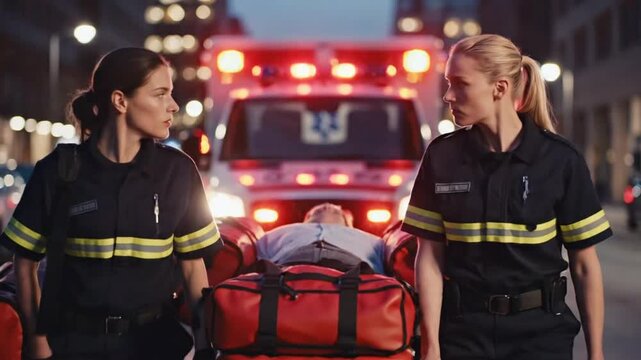 Paramedics respond to emergency call on busy city street at night with lights and sirens