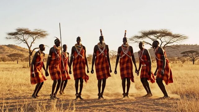 Traditional Maasai dance on the plains of Kenya during sunset with performers in colorful attire and a backdrop of acacia trees