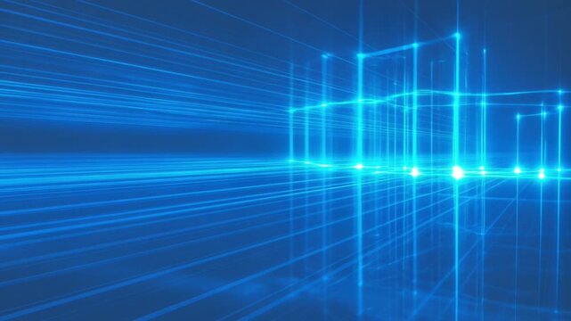 futuristic blue neon grid background with glowing lines and digital cube structure for tech business presentation