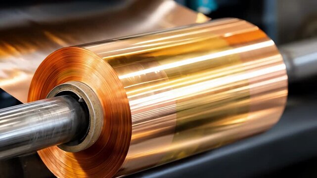 Medium shot focusing on automated machinery gently scrubbing rolled copper surfaces to remove oxide layers and restore material quality