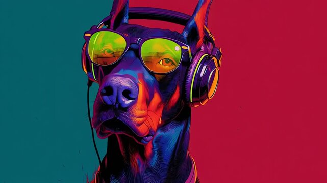 Neon Pop Art Doberman Dog DJ with Headphones and Sunglasses