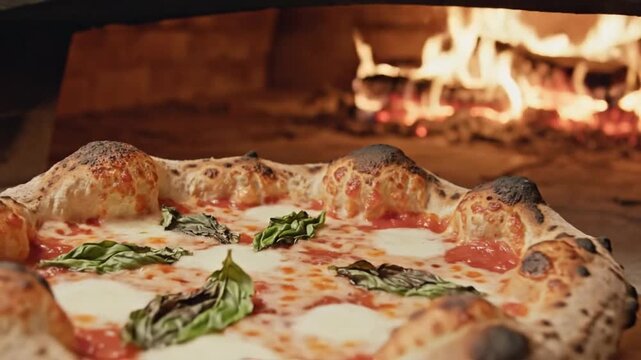 Wood-fired pizza bakes in a stone oven with flames and smoke in the background showing the cooking process in a kitchen