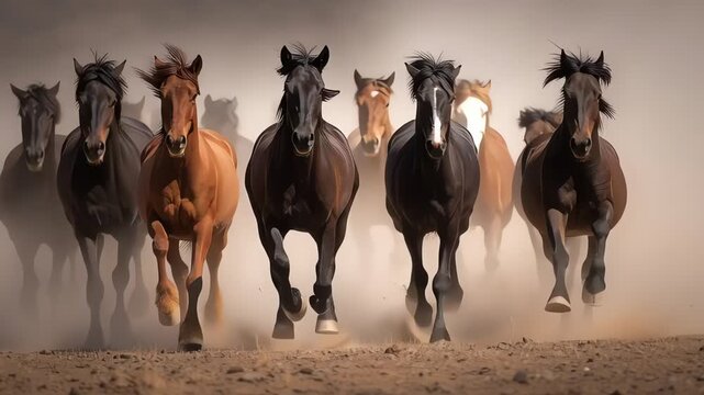 Wild Horses Galloping in Dust Herd Running Action Shot