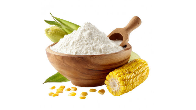 Cornstarch powder in a rustic wooden bowl with fresh corn on the cob and kernels