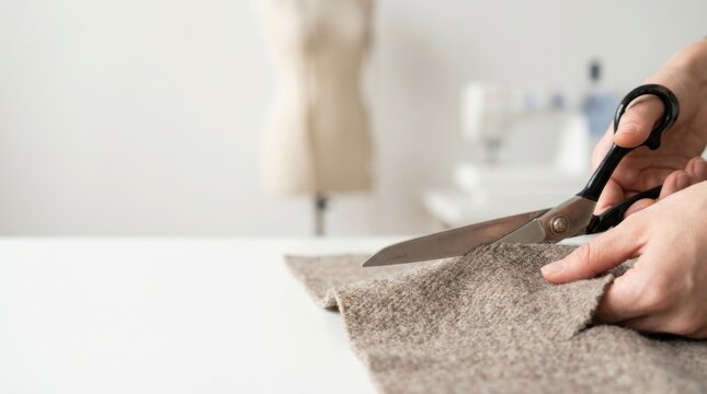 Close up of hands cutting textured fabric with black scissors on a white table Blurred tailoring equipment behind