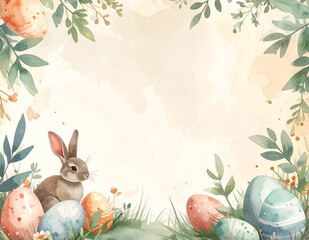 Delicate Easter watercolor border with bunny and eggs, light cream background for greeting card