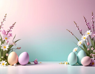Clean pastel Easter background with eggs and flowers, minimal spring frame with copy space