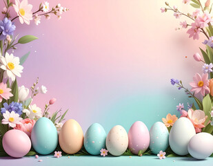 Minimal pastel Easter background with flowers and eggs, soft gradient banner with copy space