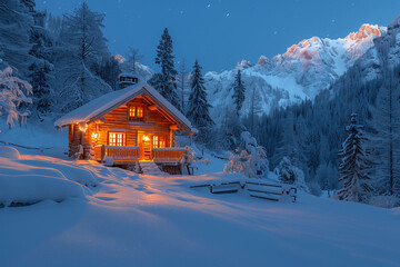 Fototapeta premium Charming snow-covered house in a mountain setting during blue hour with inviting warm interior lighting
