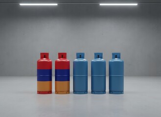 Set of colorful industrial gas cylinders in modern storage room