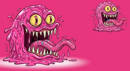 Pink cartoon monster with drooling tongue and sharp teeth © Design