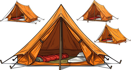Orange canvas camping tent with sleeping bag and pillow inside © Design