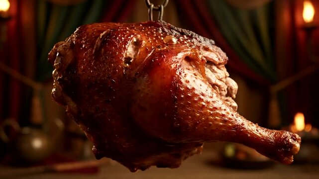 Roasted turkey hanging on a hook in a festive dining setting.
