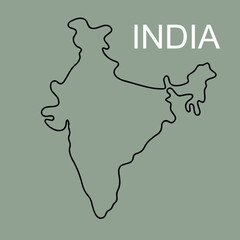 A minimalist line art illustration of the map of India. The map is rendered as a single, continuous black stroke with smooth, rounded edges, giving it a stylized and modern feel. The word "INDIA".